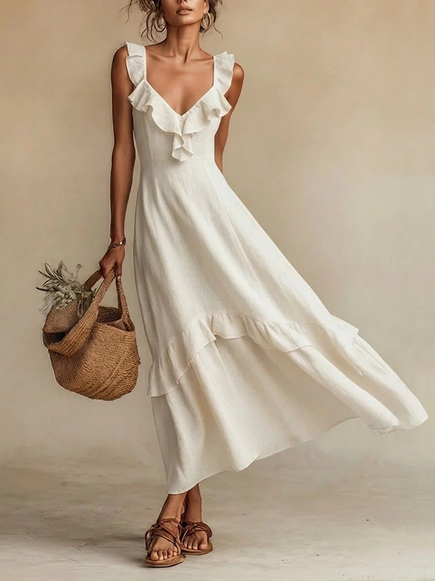 Flutter By — Ruffled Sleeve Cotton-Linen Dress