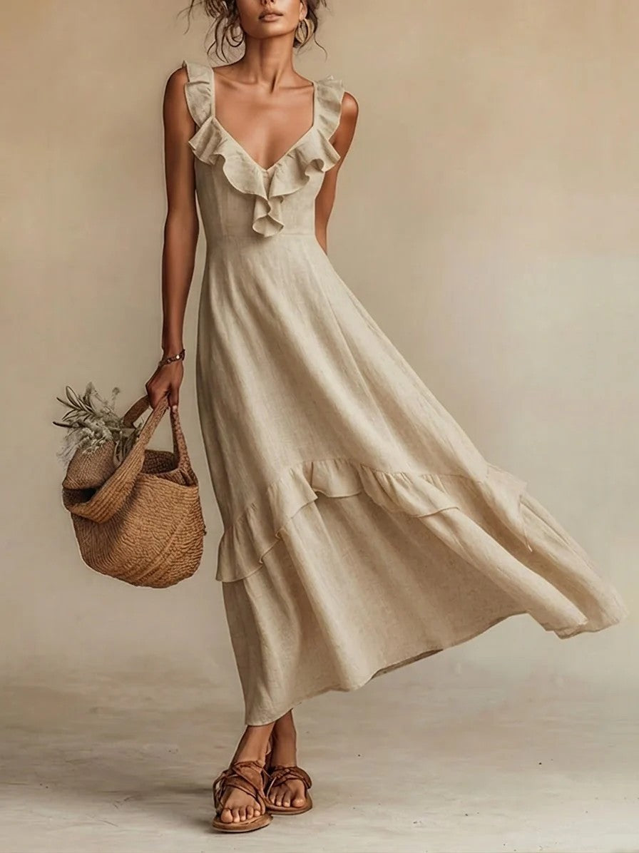 Flutter By — Ruffled Sleeve Cotton-Linen Dress