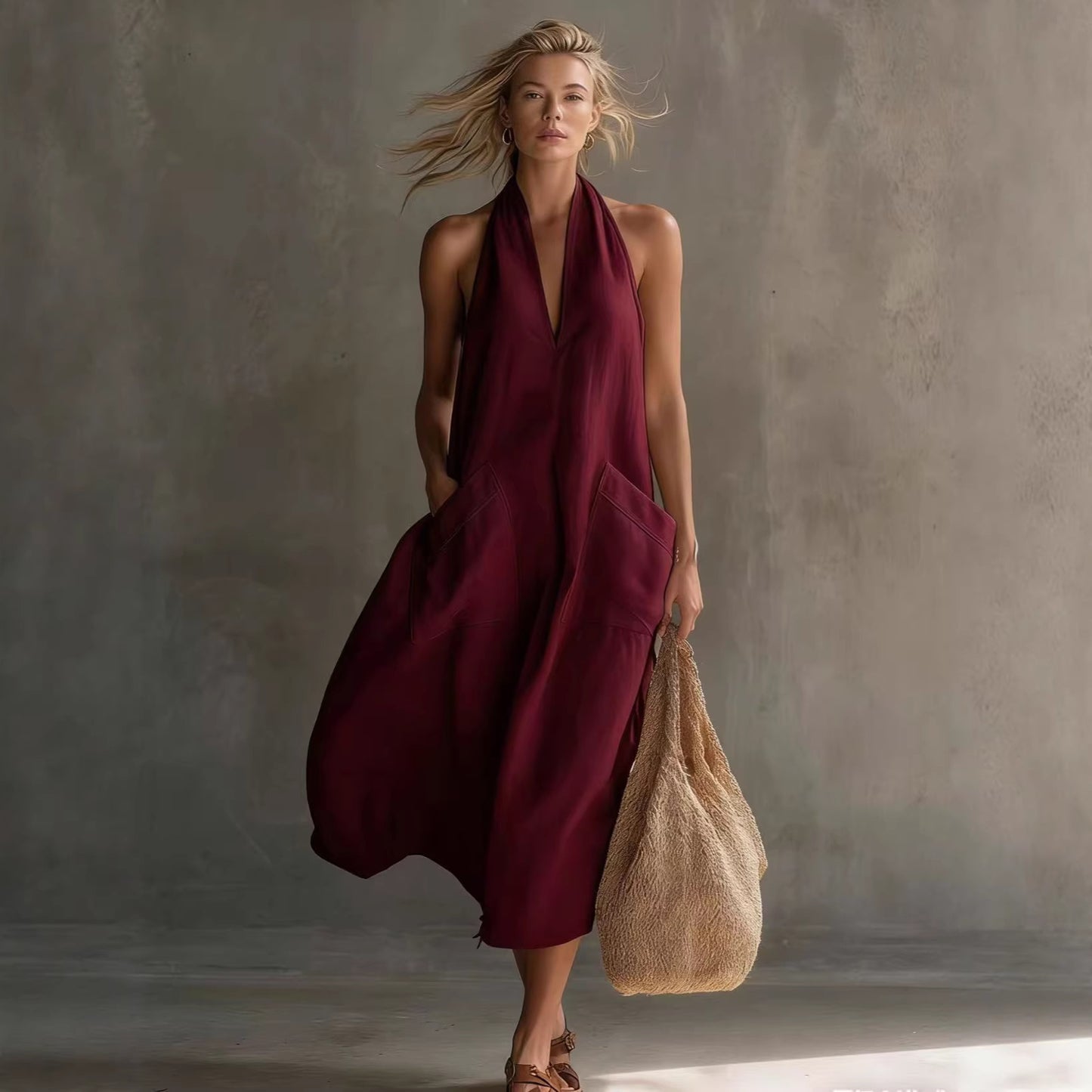 Linen & Loos — Casual Retro V-Neck Linen Slip Dress