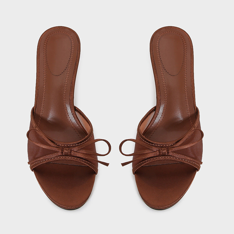 Bow Down — Brown Mesh High Heel Sandals with Bow