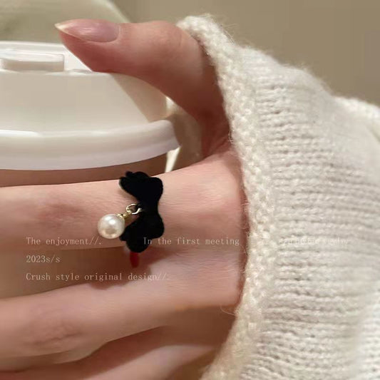 Bow & Behold — Flocked Bow Pearl Open Ring, Adjustable