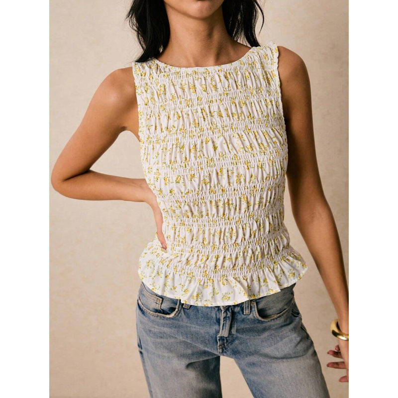 Pleats & Thank You — Solid Crew-Neck Pleated Tank Top