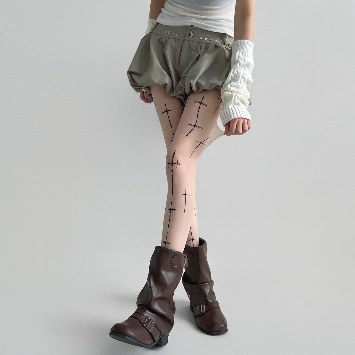 Cross My Heart — Printed Cross Black Silk Pantyhose