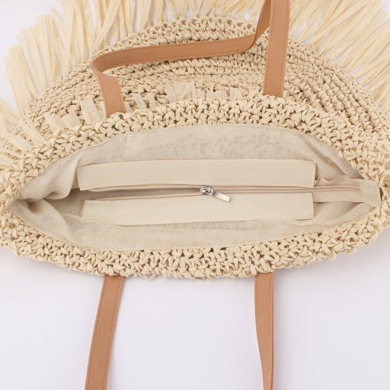 Tassel Twirl Bag — Semi-circular Straw Shoulder Bag with Tassels