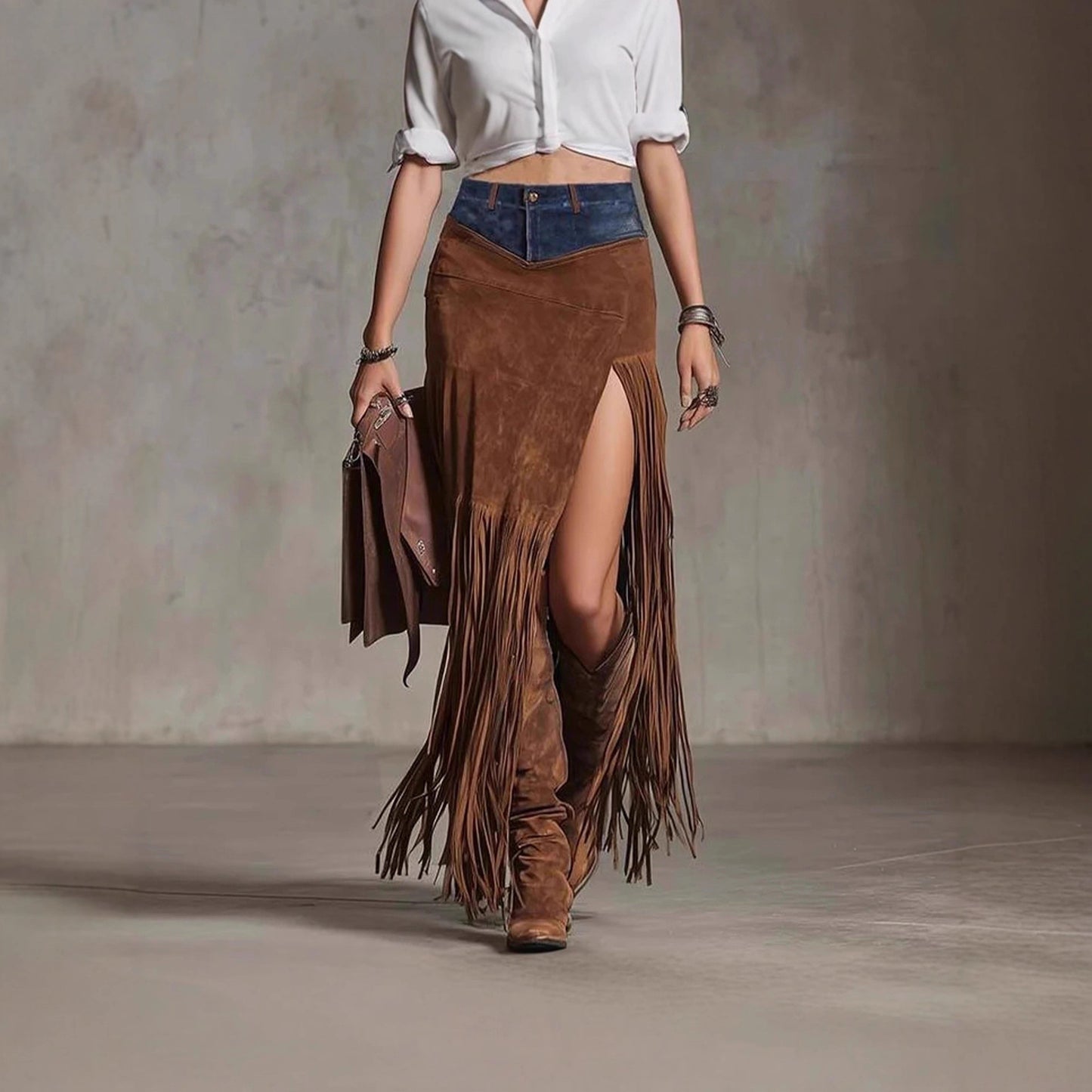 Fringe with Benefits — Asymmetrical Patchwork Denim Skirt