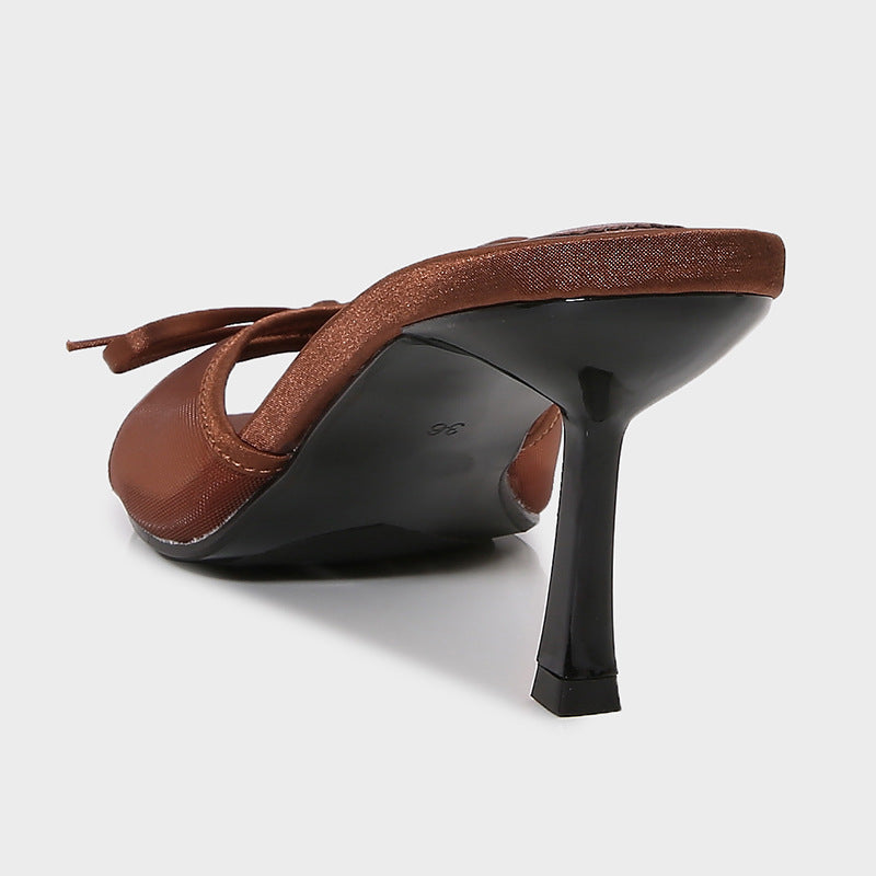 Bow Down — Brown Mesh High Heel Sandals with Bow