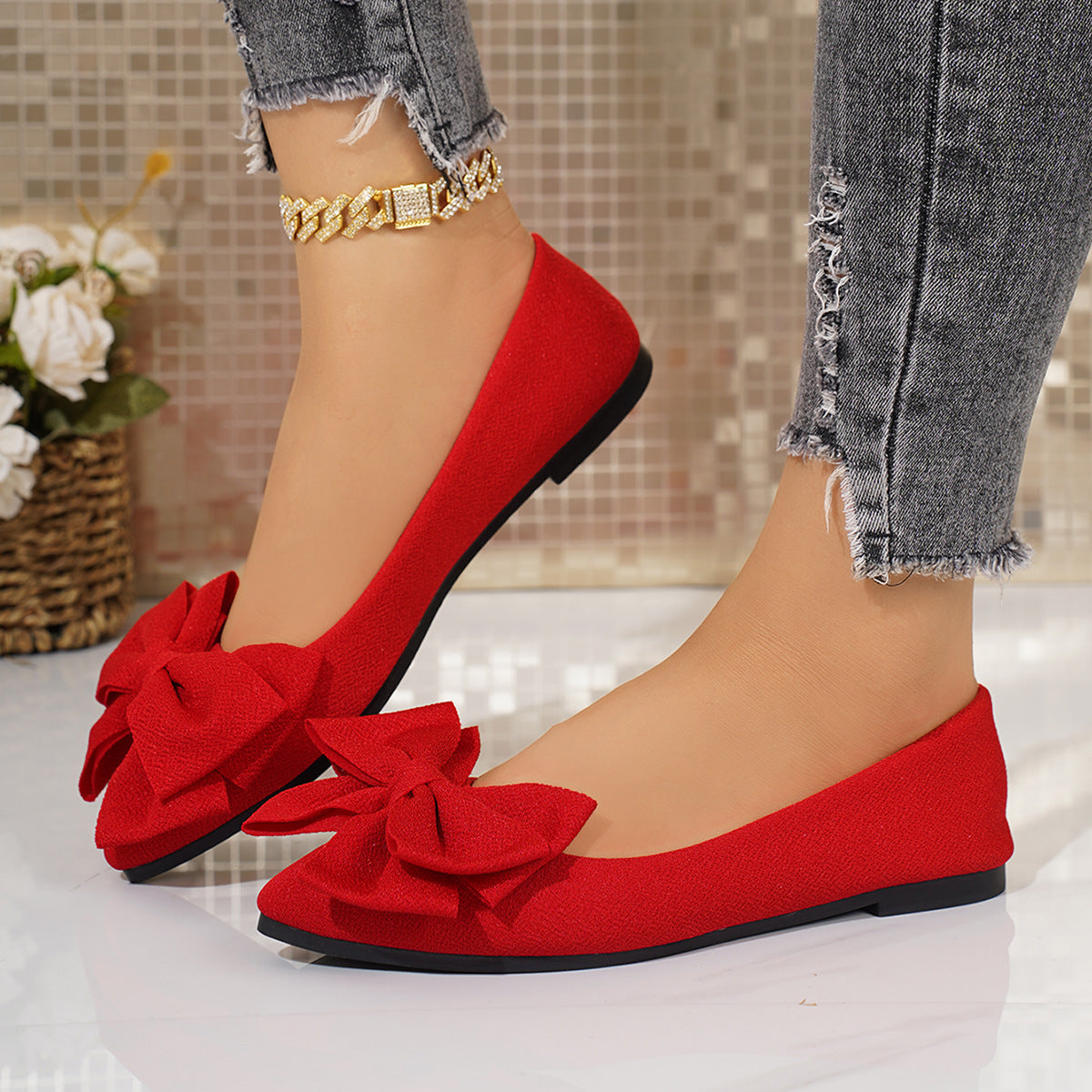 Bow Down — Plus-Size Bow-Tie Pointed-Toe Slip-On Shoes