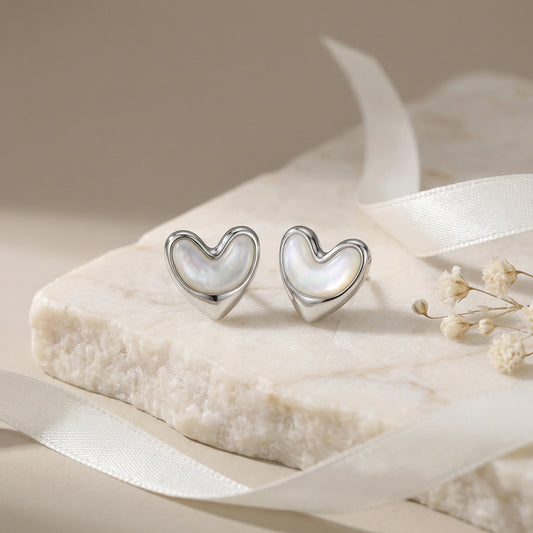 Motherly Love — Silver Mother-of-Pearl Heart Studs