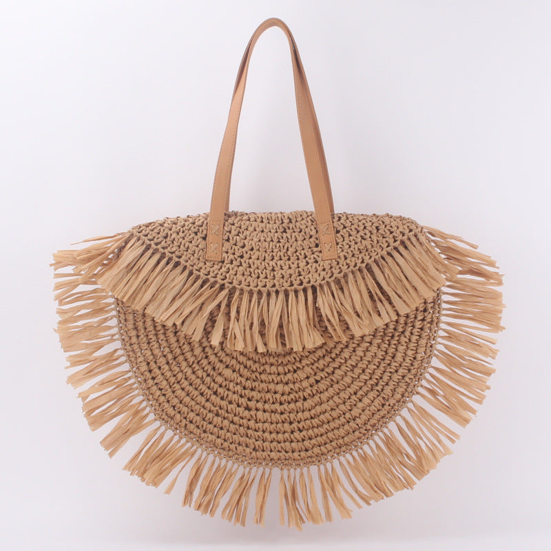 Tassel Twirl Bag — Semi-circular Straw Shoulder Bag with Tassels
