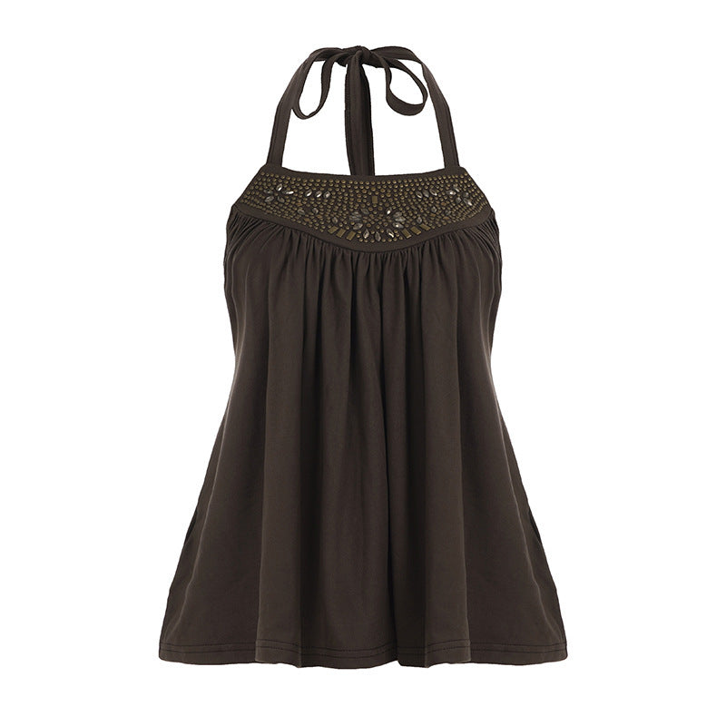 Glam 'n' Go — Rhinestone High-Waisted Halter Cami with Lace-Up