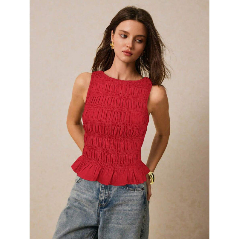 Pleats & Thank You — Solid Crew-Neck Pleated Tank Top