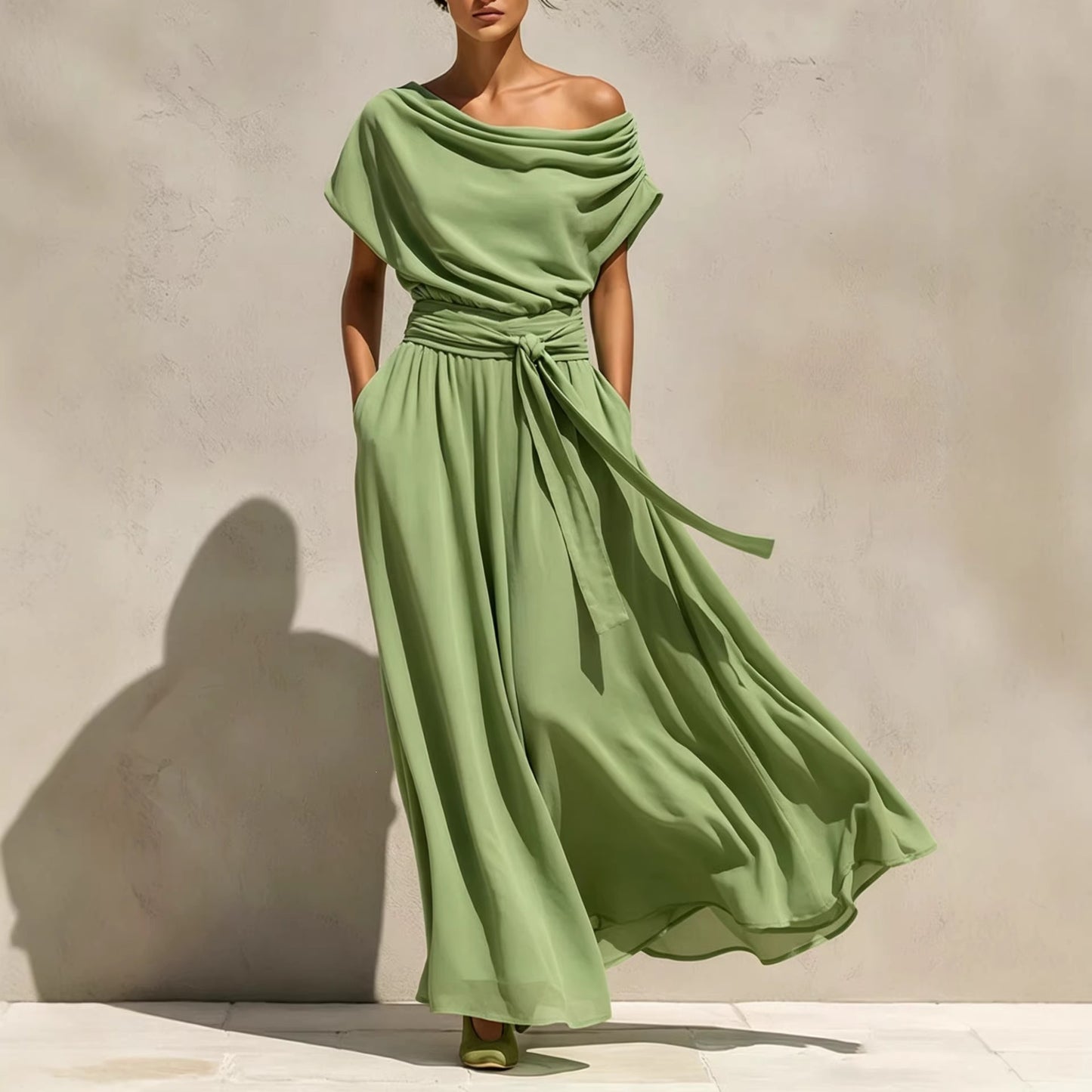 Pleat & Greet — Short-Sleeve Pleated Chiffon Dress