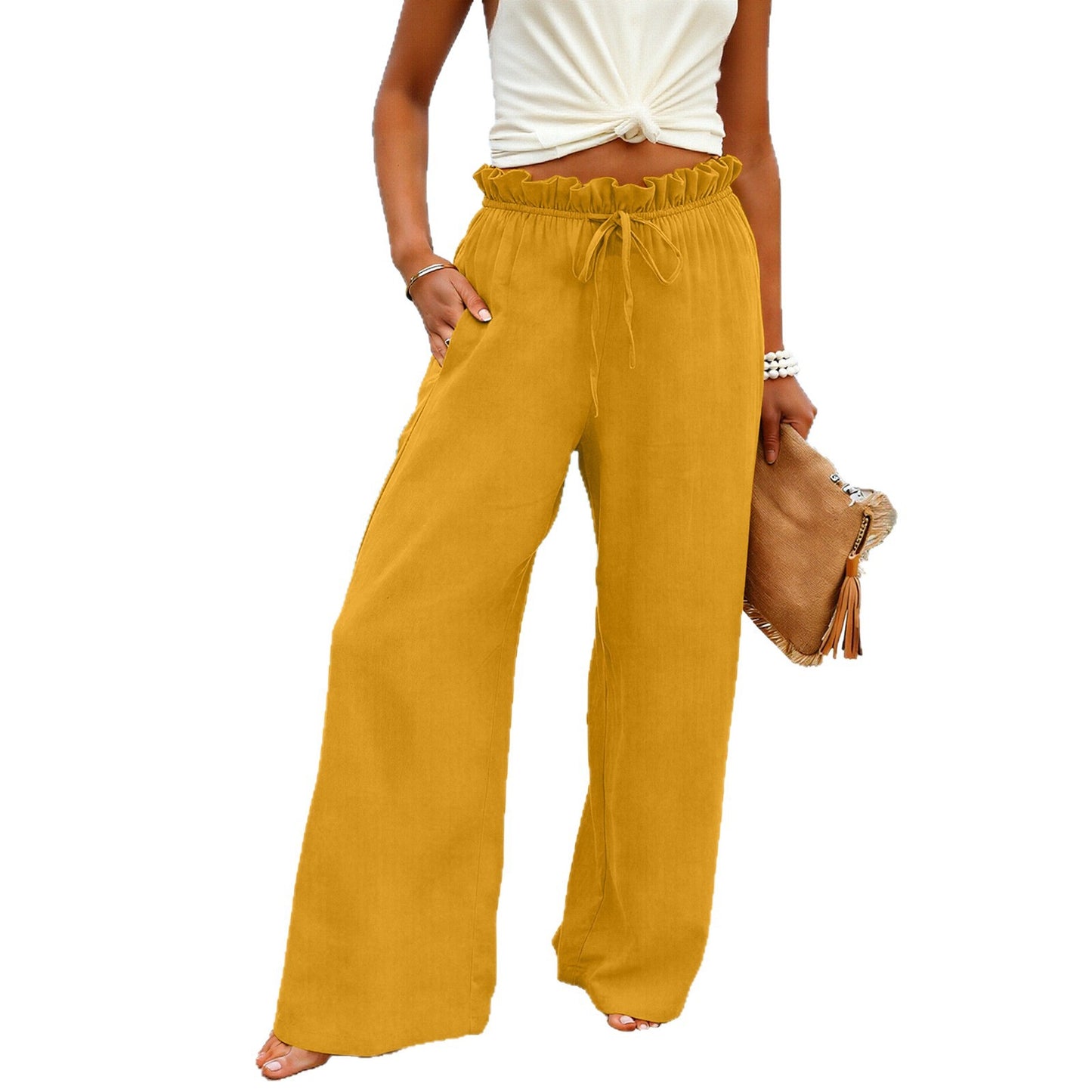 Pocket Full of Comfort — Solid Drawstring Wide-Leg Casual Pants