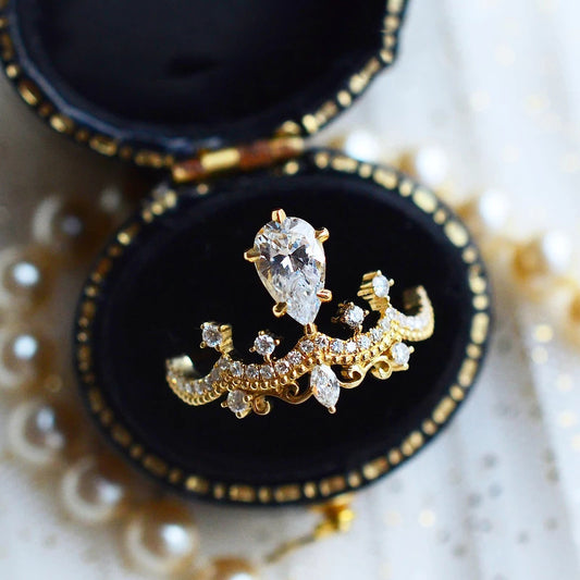 Crown Jewel — Vintage Crown Design Pear Cut Engagement Ring