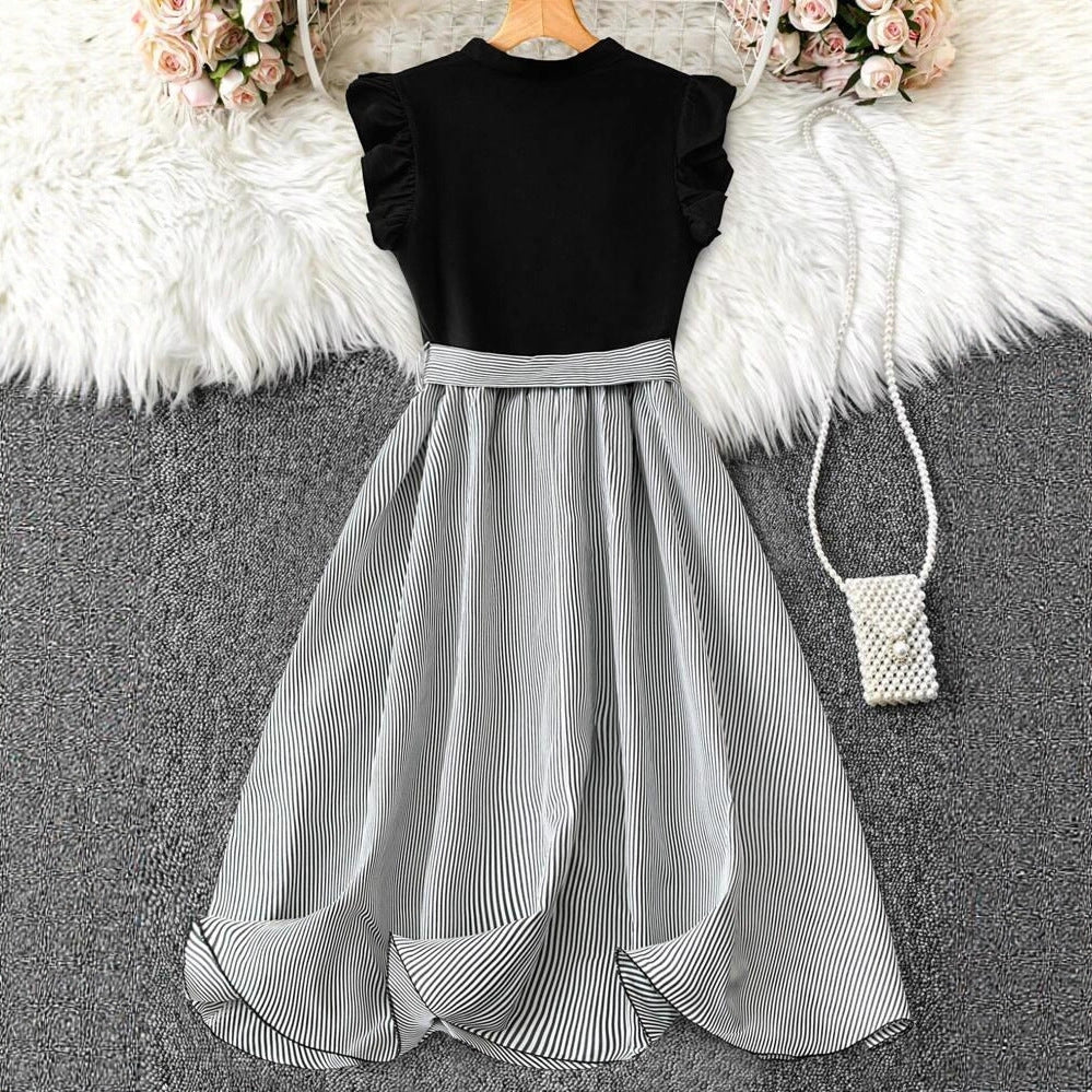 Patchwork Perfection — V-Neck High-Waisted Patchwork Dress