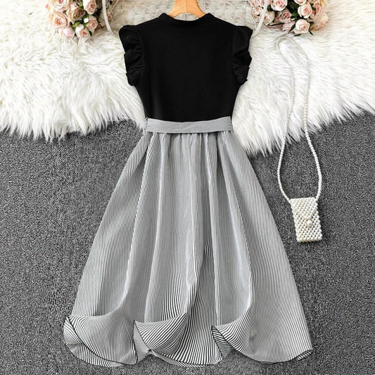 Patchwork Perfection — V-Neck High-Waisted Patchwork Dress