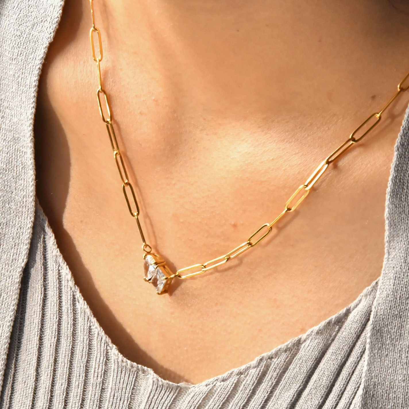 Waterdrop Wonders — Gold-Plated Square Zircon Stainless Steel Necklace