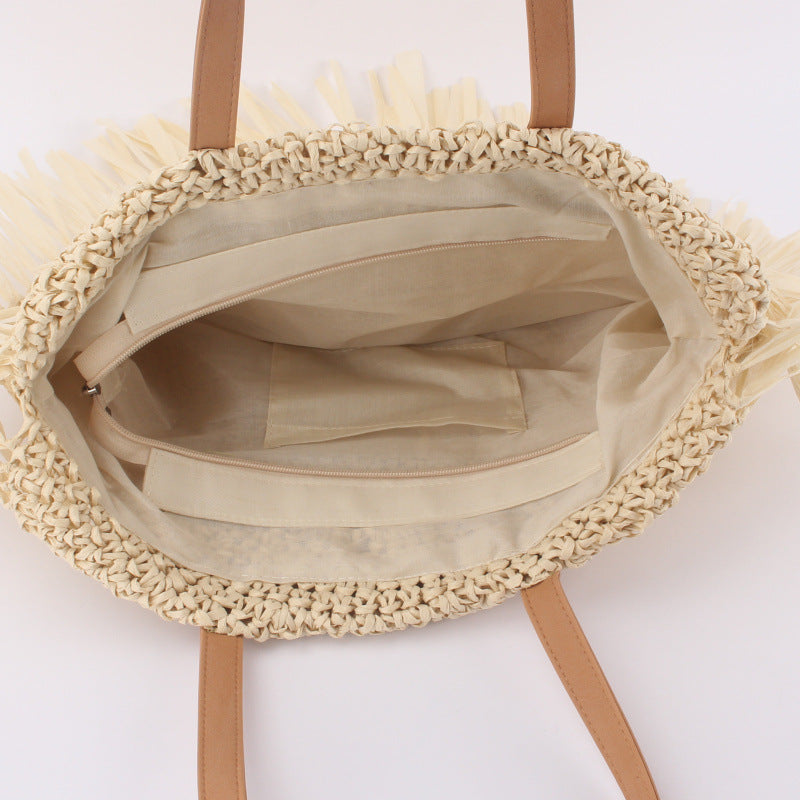 Tassel Twirl Bag — Semi-circular Straw Shoulder Bag with Tassels