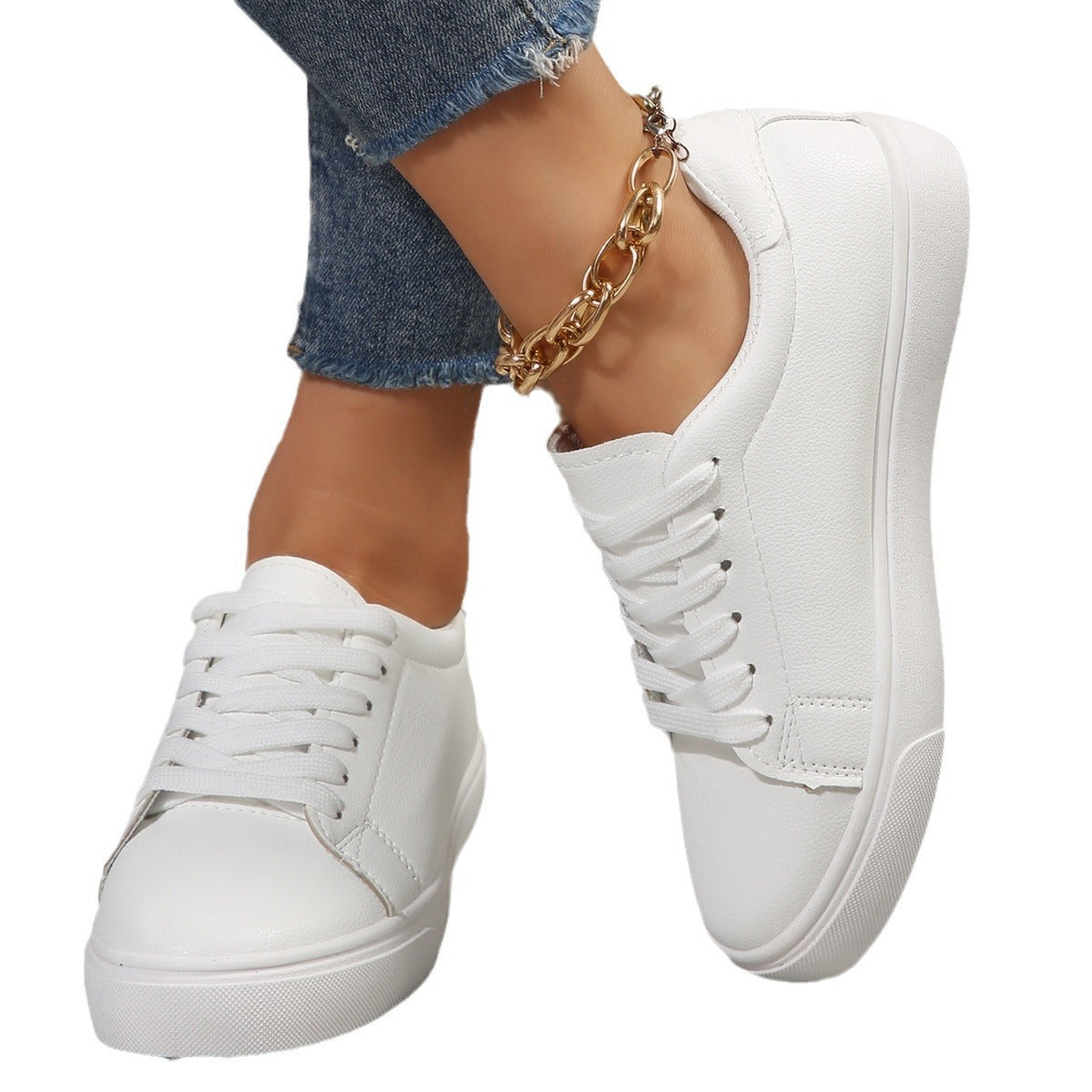 Lace Up, Live Out — Plus-Size White Flat Lace-Up Sneakers