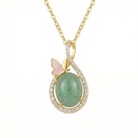 Jade Butterfly Bliss — Silver Green Jadeite Teardrop Necklace