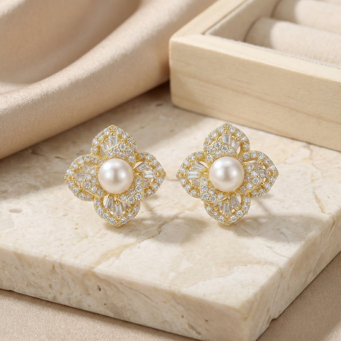 Floral Fancy — Silver Pearl & Diamond Stud Earrings