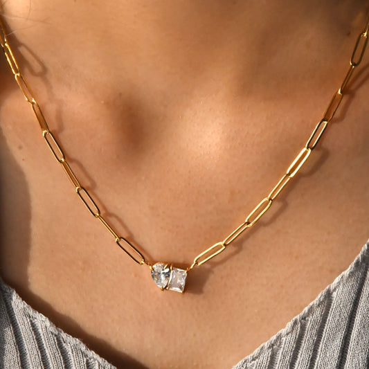 Waterdrop Wonders — Gold-Plated Square Zircon Stainless Steel Necklace