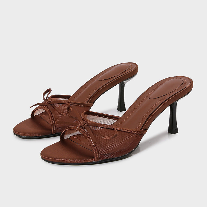 Bow Down — Brown Mesh High Heel Sandals with Bow