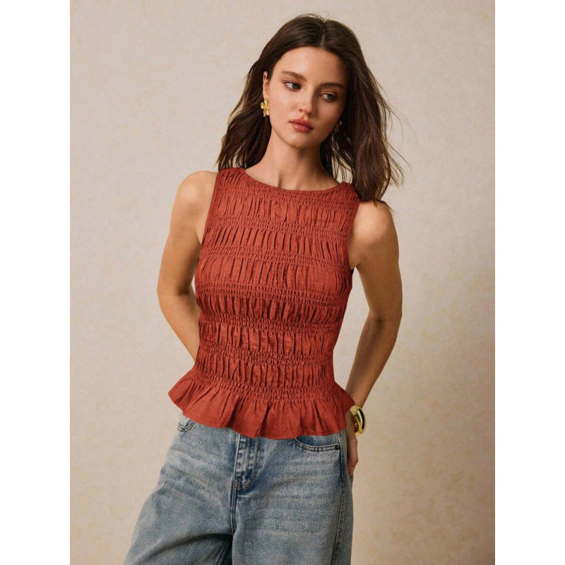 Pleats & Thank You — Solid Crew-Neck Pleated Tank Top