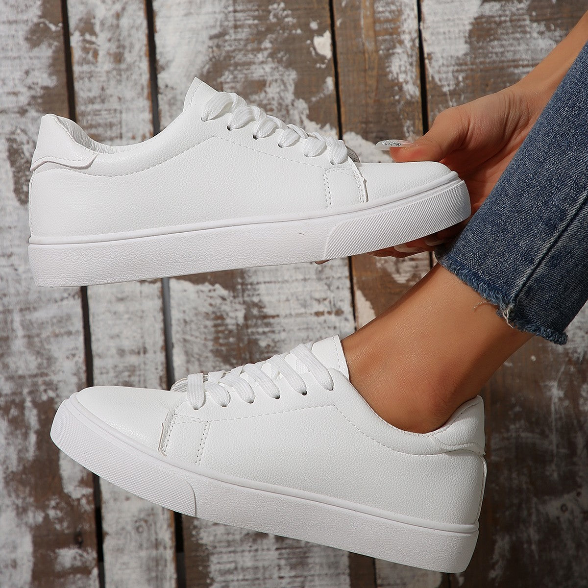 Lace Up, Live Out — Plus-Size White Flat Lace-Up Sneakers
