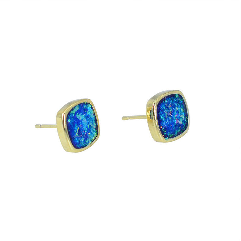 Opal-timistic Style — Square Blue Opal Natural Stone Stud Earrings