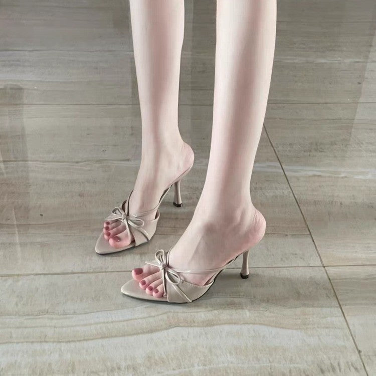 Glam Goals — Satin Open Toe Bow Stiletto Heels, Socialite Style
