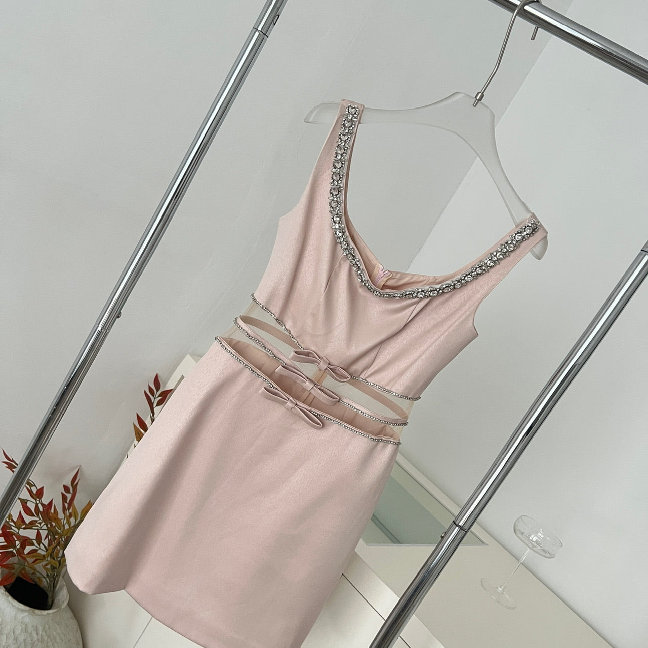 Blush & Bows — Sleeveless Rhinestone Collar Cocktail Dress