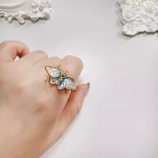 Lunar Moth — Moonstone Open Ring with Moth & Butterfly Wings