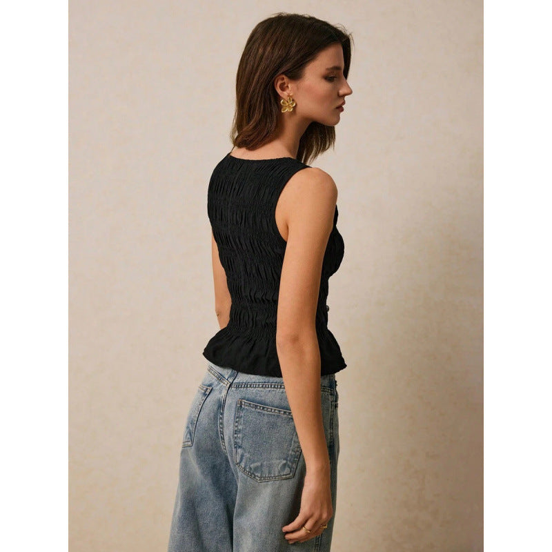 Pleats & Thank You — Solid Crew-Neck Pleated Tank Top