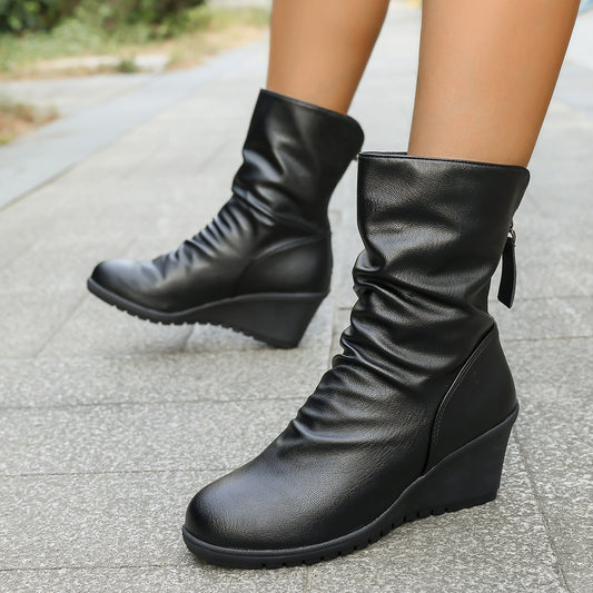 Wedge Ahead — Retro Fur-lined Pleated Ankle Boots