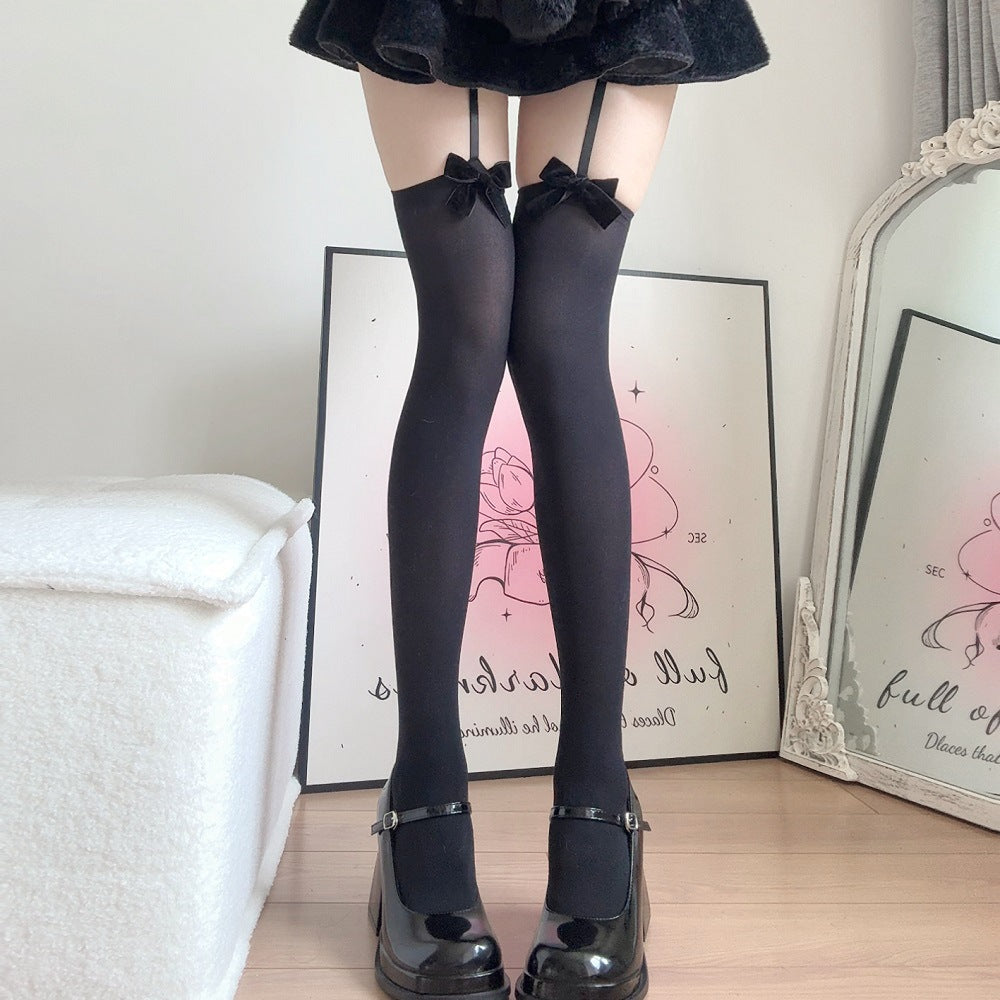Bow-tiful Legs — Velvet Bow Thigh High Garter Socks
