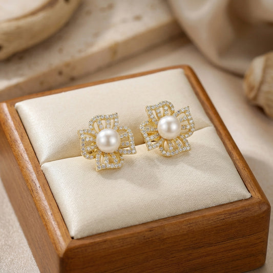 Bloom & Glimmer — 925 Silver Floral Pearl Studs with Stone Accents