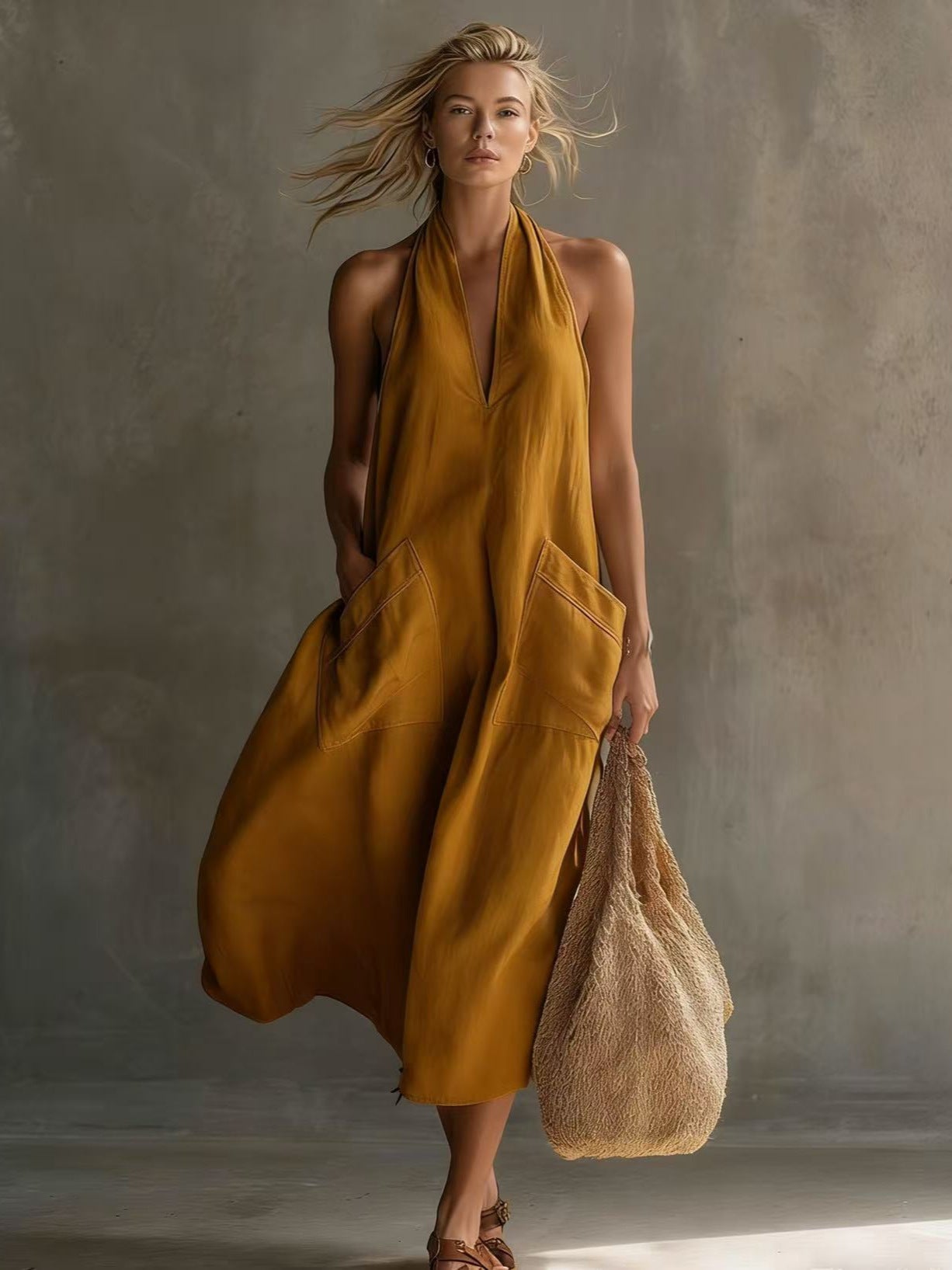 Linen & Loos — Casual Retro V-Neck Linen Slip Dress